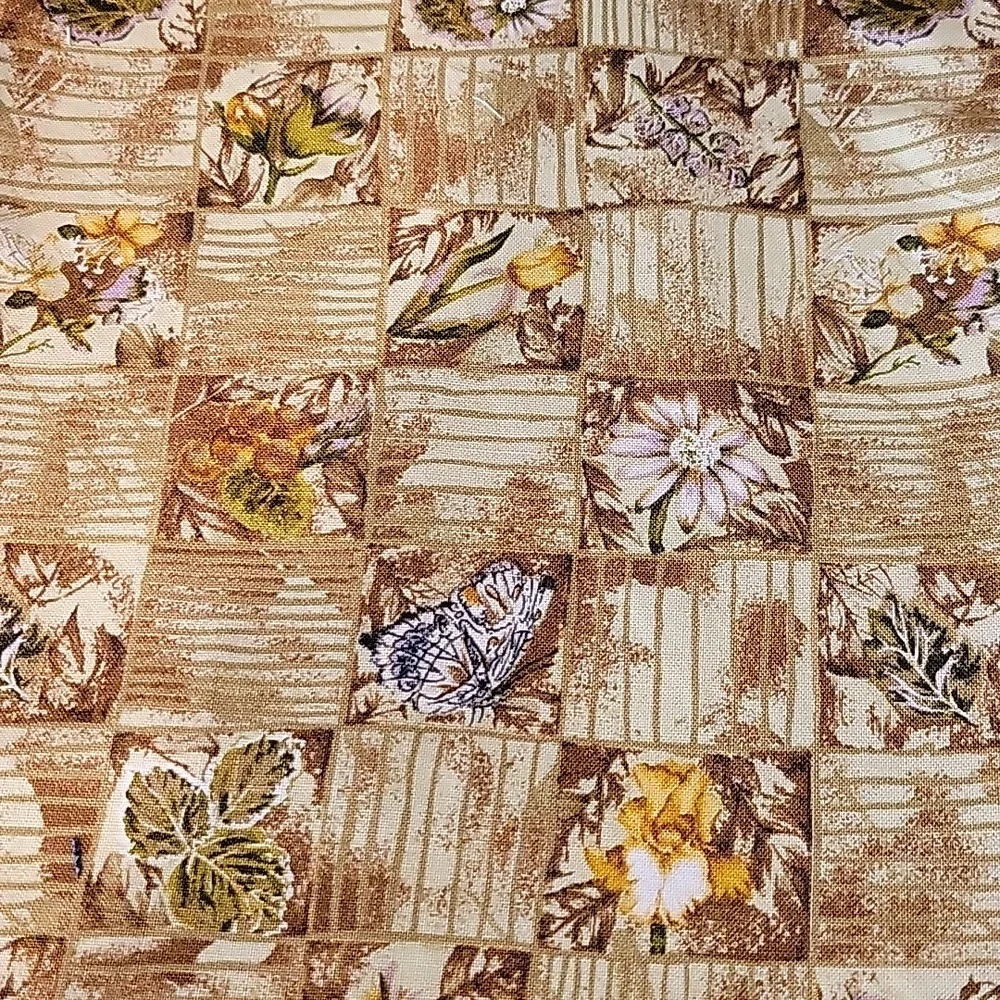 Patchwork fabric with wild flowers, leaves, and butterflies - 2/3 yds, plus 3 pc